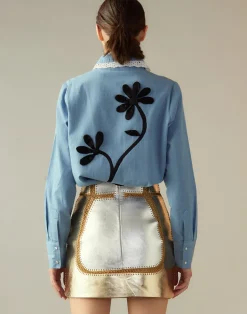 Cynthia Rowley Mixed Metallic Vegan Leather Skirt GLDSV New