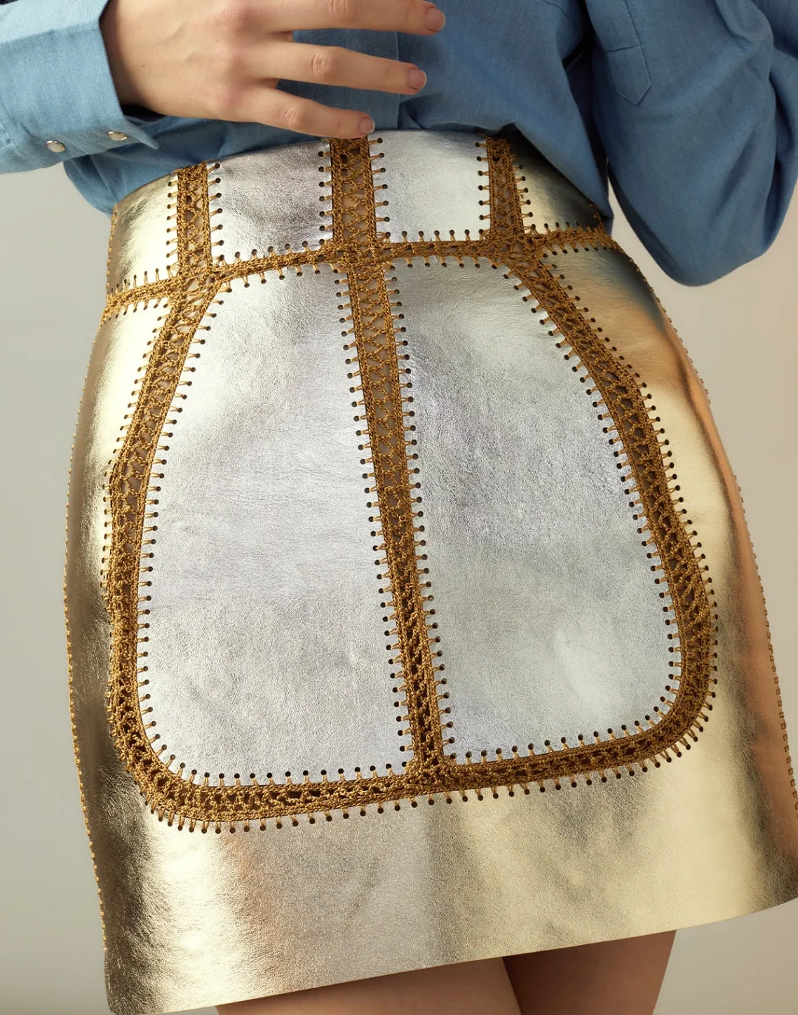 Cynthia Rowley Mixed Metallic Vegan Leather Skirt GLDSV New