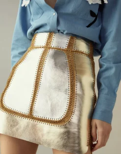 Cynthia Rowley Mixed Metallic Vegan Leather Skirt GLDSV New
