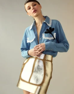 Cynthia Rowley Mixed Metallic Vegan Leather Skirt GLDSV New