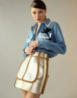 Cynthia Rowley Mixed Metallic Vegan Leather Skirt GLDSV New