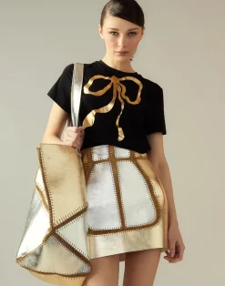 Cynthia Rowley Mixed Metallic Vegan Leather Skirt GLDSV New