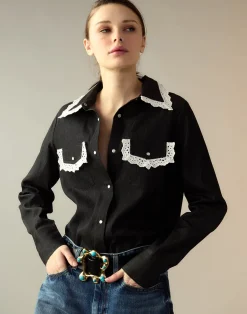 Cynthia Rowley Not My First Rodeo Denim Shirt BLACK New