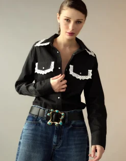 Cynthia Rowley Not My First Rodeo Denim Shirt BLACK New