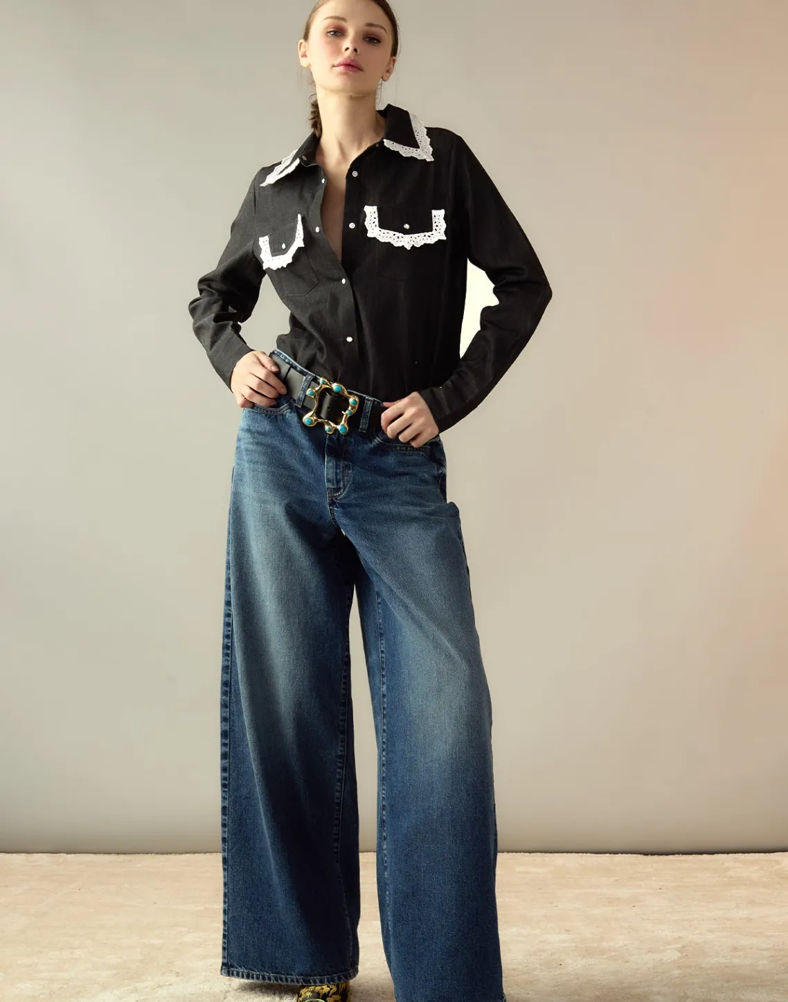 Cynthia Rowley Not My First Rodeo Denim Shirt BLACK New