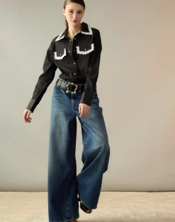 Cynthia Rowley Not My First Rodeo Denim Shirt BLACK New