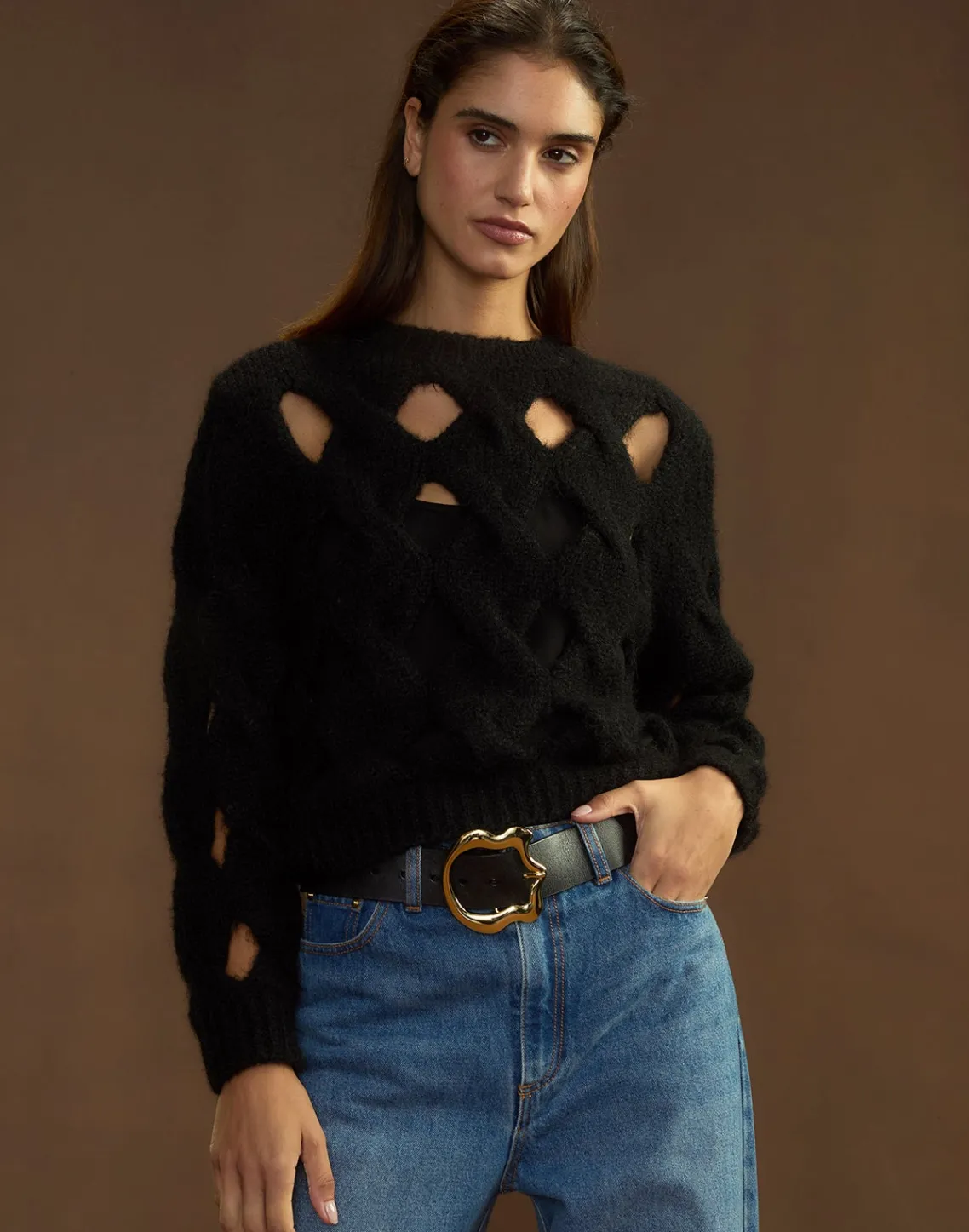Cynthia Rowley Open Knit Sweater BLACK Fashion