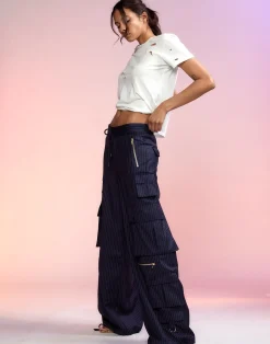 Cynthia Rowley Pinstripe Cargo Pants Navy Clearance