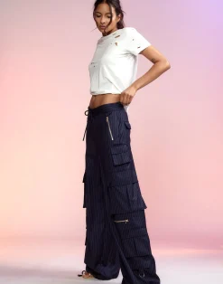 Cynthia Rowley Pinstripe Cargo Pants Navy Clearance