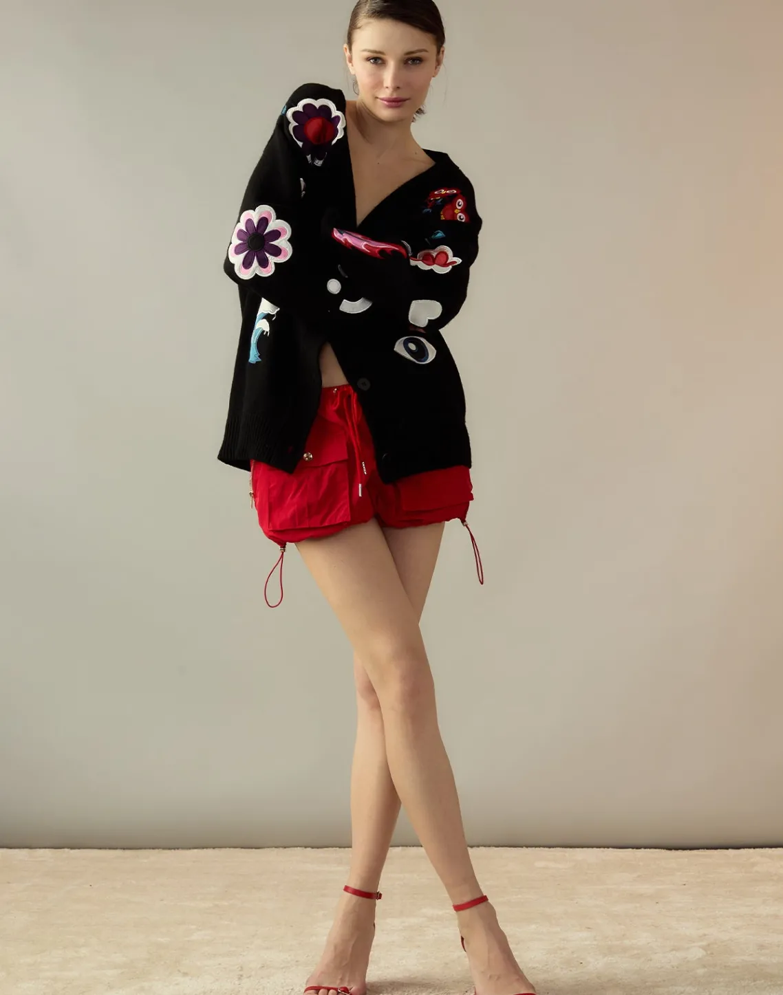 Cynthia Rowley Playful Patchwork Cardigan BLKMT Clearance