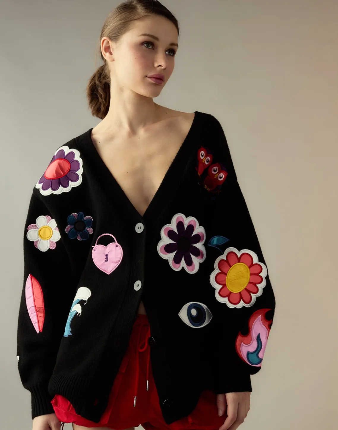 Cynthia Rowley Playful Patchwork Cardigan BLKMT Clearance