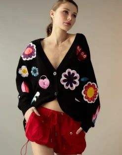 Cynthia Rowley Playful Patchwork Cardigan BLKMT Clearance