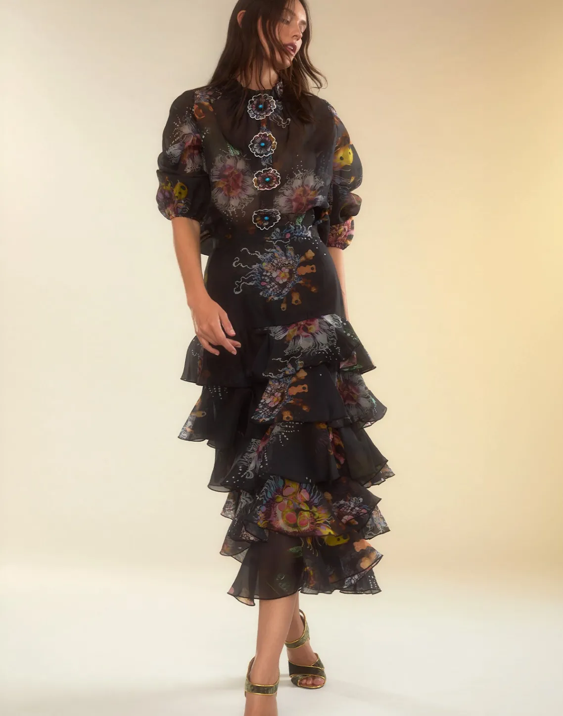 Cynthia Rowley Prim Silk Organza Blouse BLKFL Outlet