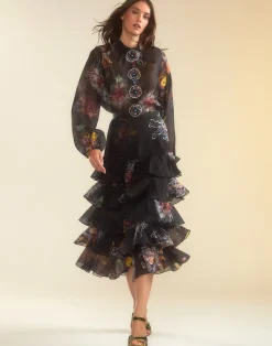 Cynthia Rowley Prim Silk Organza Blouse BLKFL Outlet