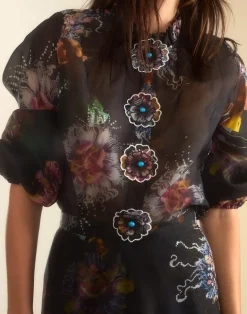 Cynthia Rowley Prim Silk Organza Blouse BLKFL Outlet