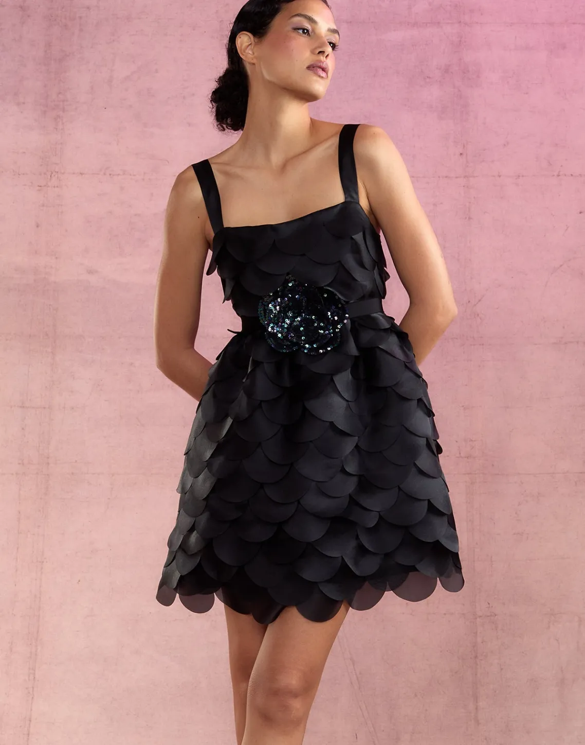 Cynthia Rowley Scalloped Petal Mini Dress BLACK Discount