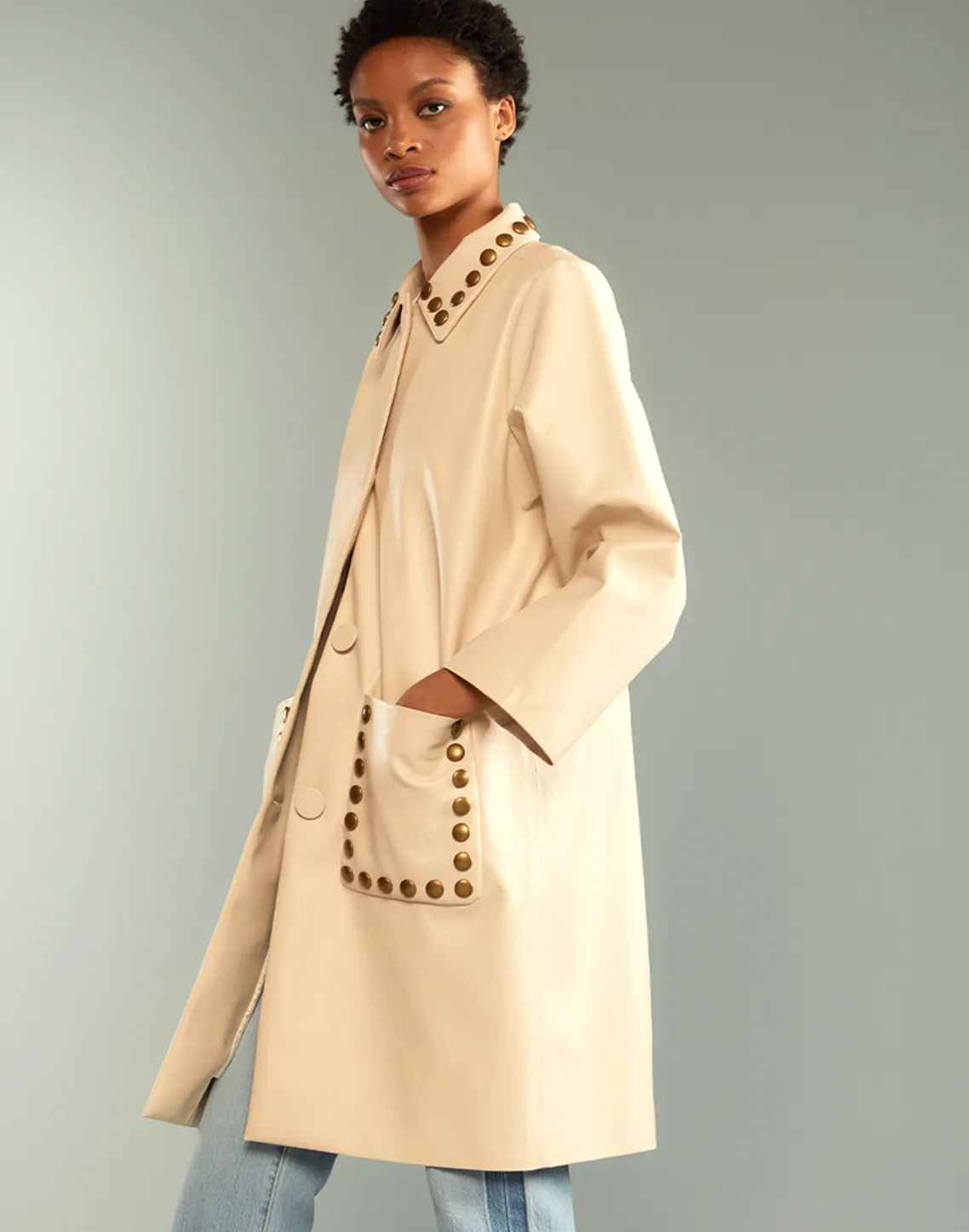 Cynthia Rowley Studded Vegan Leather Coat CREAM Sale