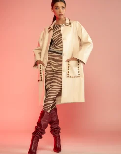 Cynthia Rowley Studded Vegan Leather Coat CREAM Sale