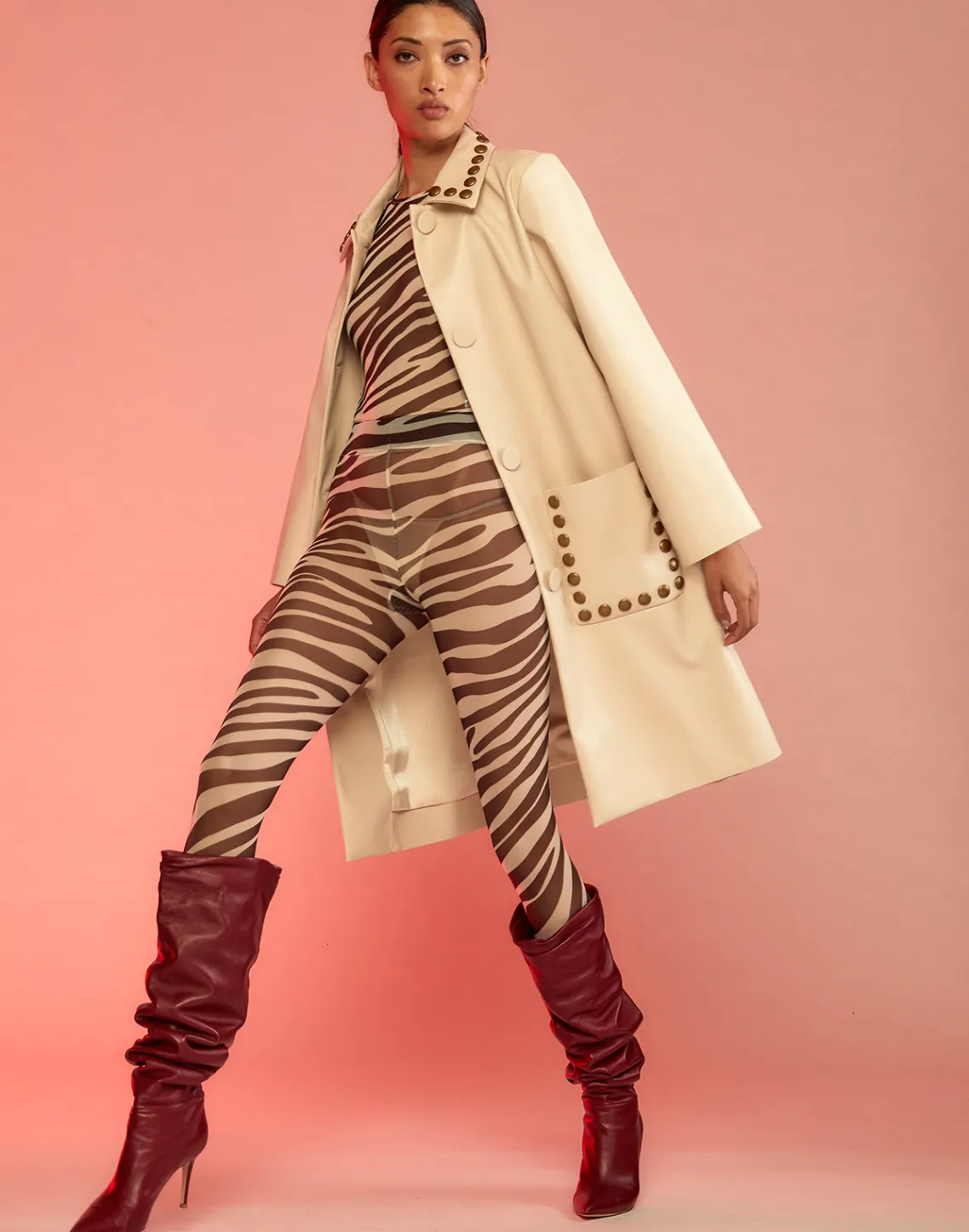 Cynthia Rowley Studded Vegan Leather Coat CREAM Sale