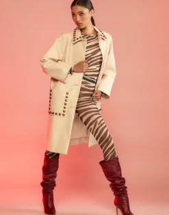 Cynthia Rowley Studded Vegan Leather Coat CREAM Sale