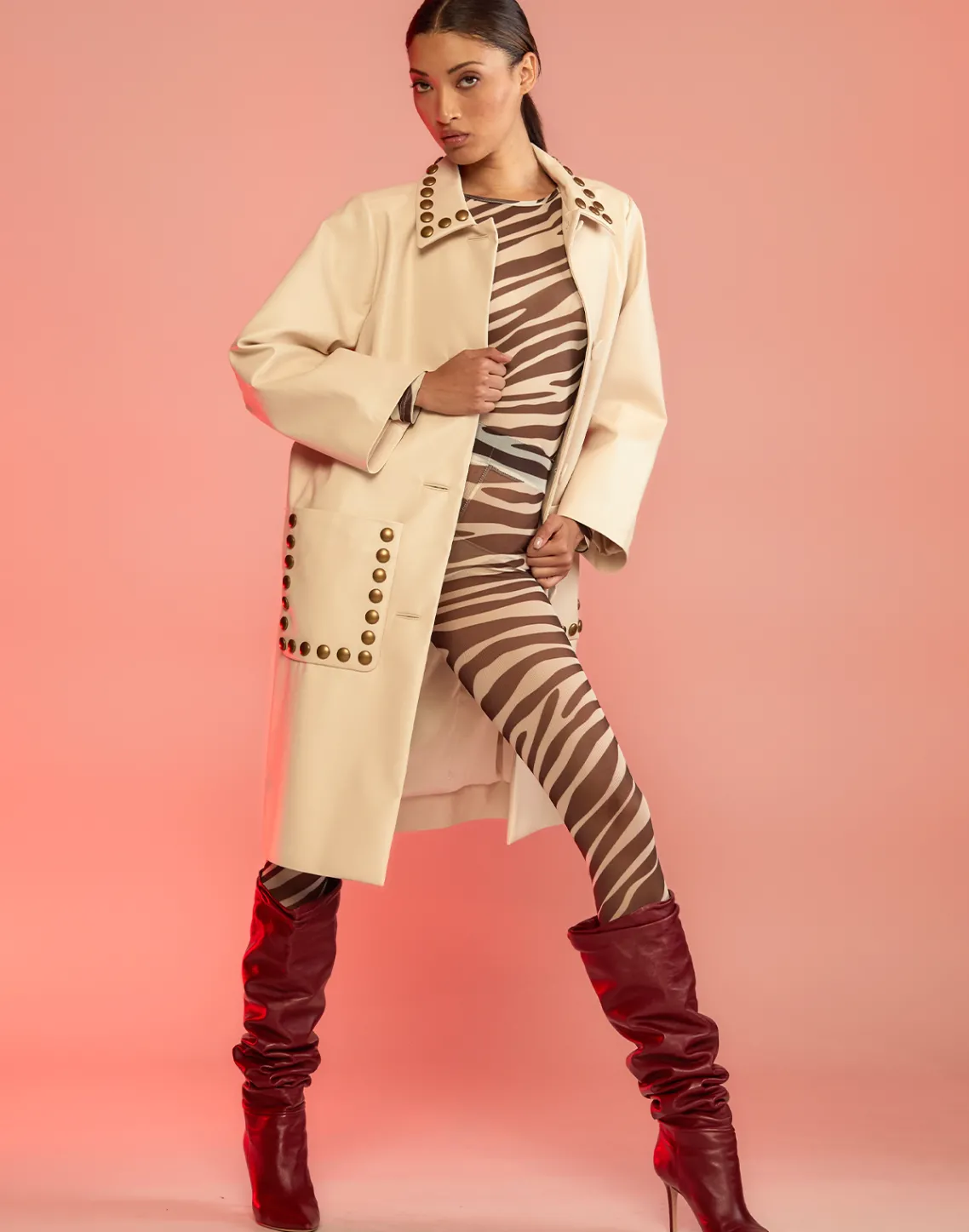 Cynthia Rowley Studded Vegan Leather Coat CREAM Sale