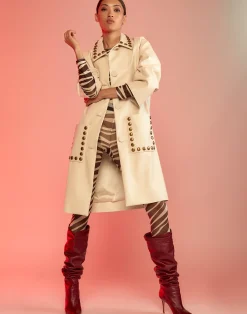 Cynthia Rowley Studded Vegan Leather Coat CREAM Sale