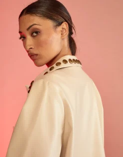 Cynthia Rowley Studded Vegan Leather Coat CREAM Sale