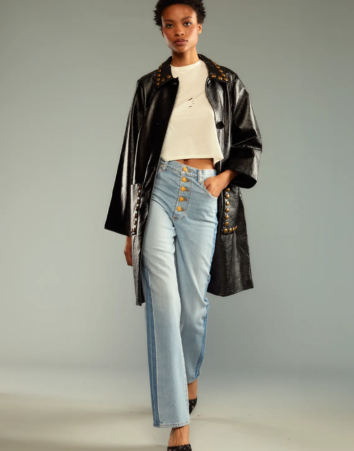 Cynthia Rowley Studded Vegan Leather Coat PATBLK Discount