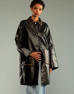 Cynthia Rowley Studded Vegan Leather Coat PATBLK Discount
