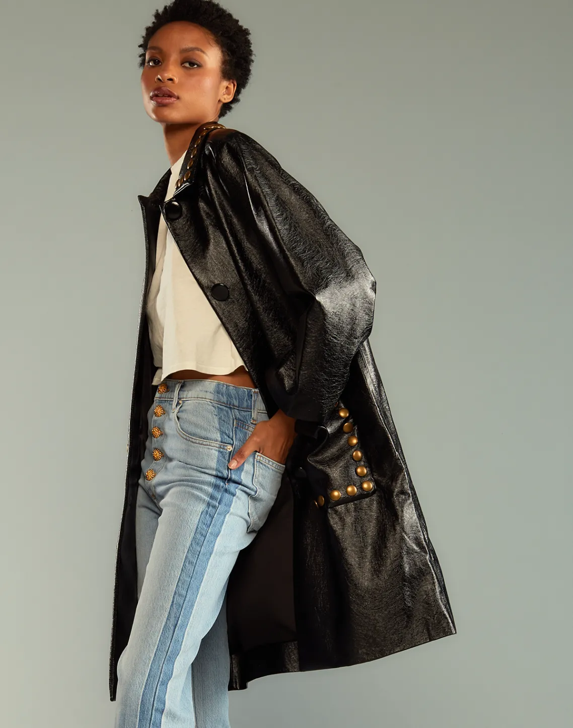 Cynthia Rowley Studded Vegan Leather Coat PATBLK Discount