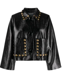 Cynthia Rowley Studded Vegan Leather Jacket BLACK Hot