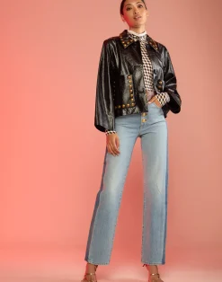 Cynthia Rowley Studded Vegan Leather Jacket BLACK Hot