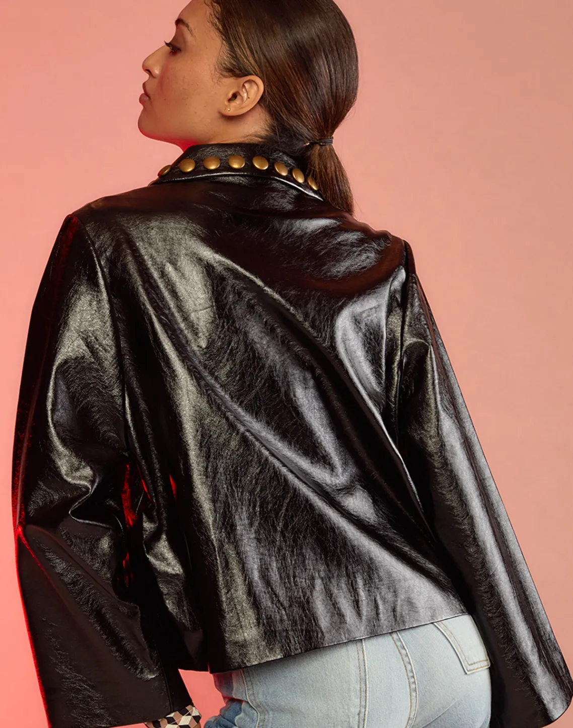 Cynthia Rowley Studded Vegan Leather Jacket BLACK Hot