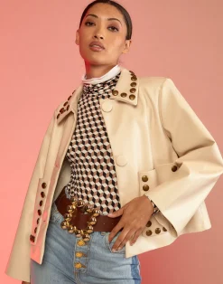 Cynthia Rowley Studded Vegan Leather Jacket CREAM Hot