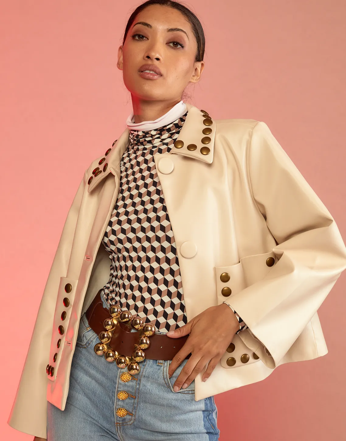 Cynthia Rowley Studded Vegan Leather Jacket CREAM Hot