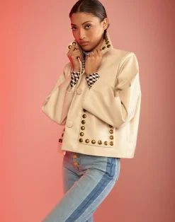 Cynthia Rowley Studded Vegan Leather Jacket CREAM Hot