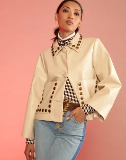 Cynthia Rowley Studded Vegan Leather Jacket CREAM Hot