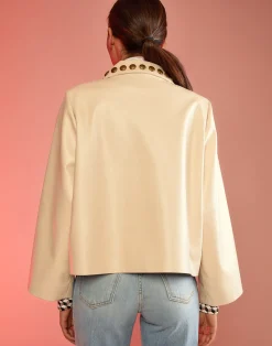 Cynthia Rowley Studded Vegan Leather Jacket CREAM Hot