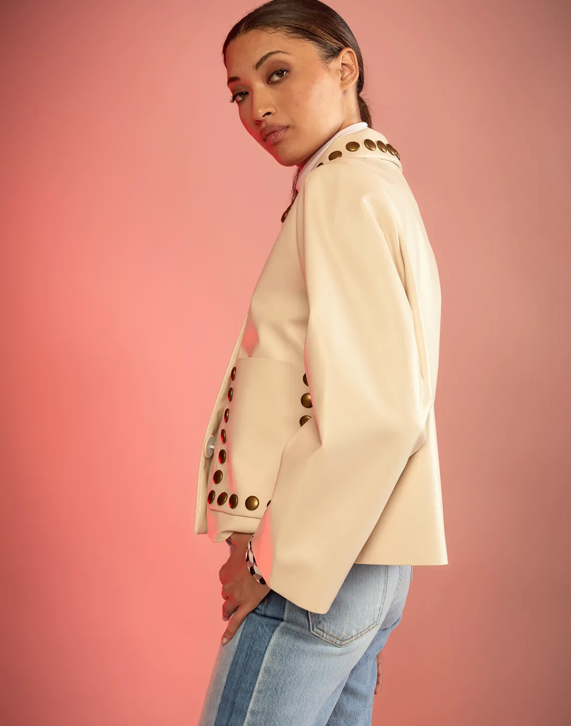 Cynthia Rowley Studded Vegan Leather Jacket CREAM Hot