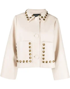 Cynthia Rowley Studded Vegan Leather Jacket CREAM Hot