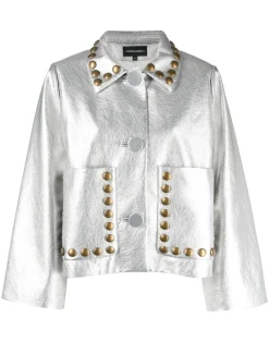 Cynthia Rowley Studded Vegan Leather Jacket Silver Hot