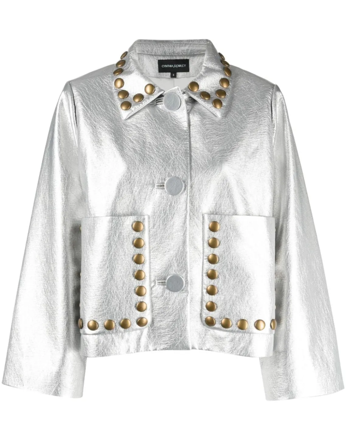 Cynthia Rowley Studded Vegan Leather Jacket Silver Hot