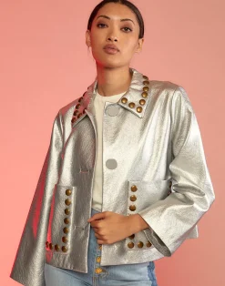 Cynthia Rowley Studded Vegan Leather Jacket Silver Hot