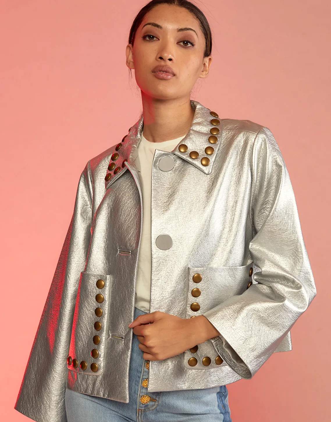 Cynthia Rowley Studded Vegan Leather Jacket Silver Hot