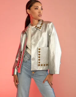 Cynthia Rowley Studded Vegan Leather Jacket Silver Hot