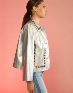 Cynthia Rowley Studded Vegan Leather Jacket Silver Hot