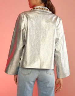 Cynthia Rowley Studded Vegan Leather Jacket Silver Hot