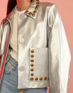 Cynthia Rowley Studded Vegan Leather Jacket Silver Hot