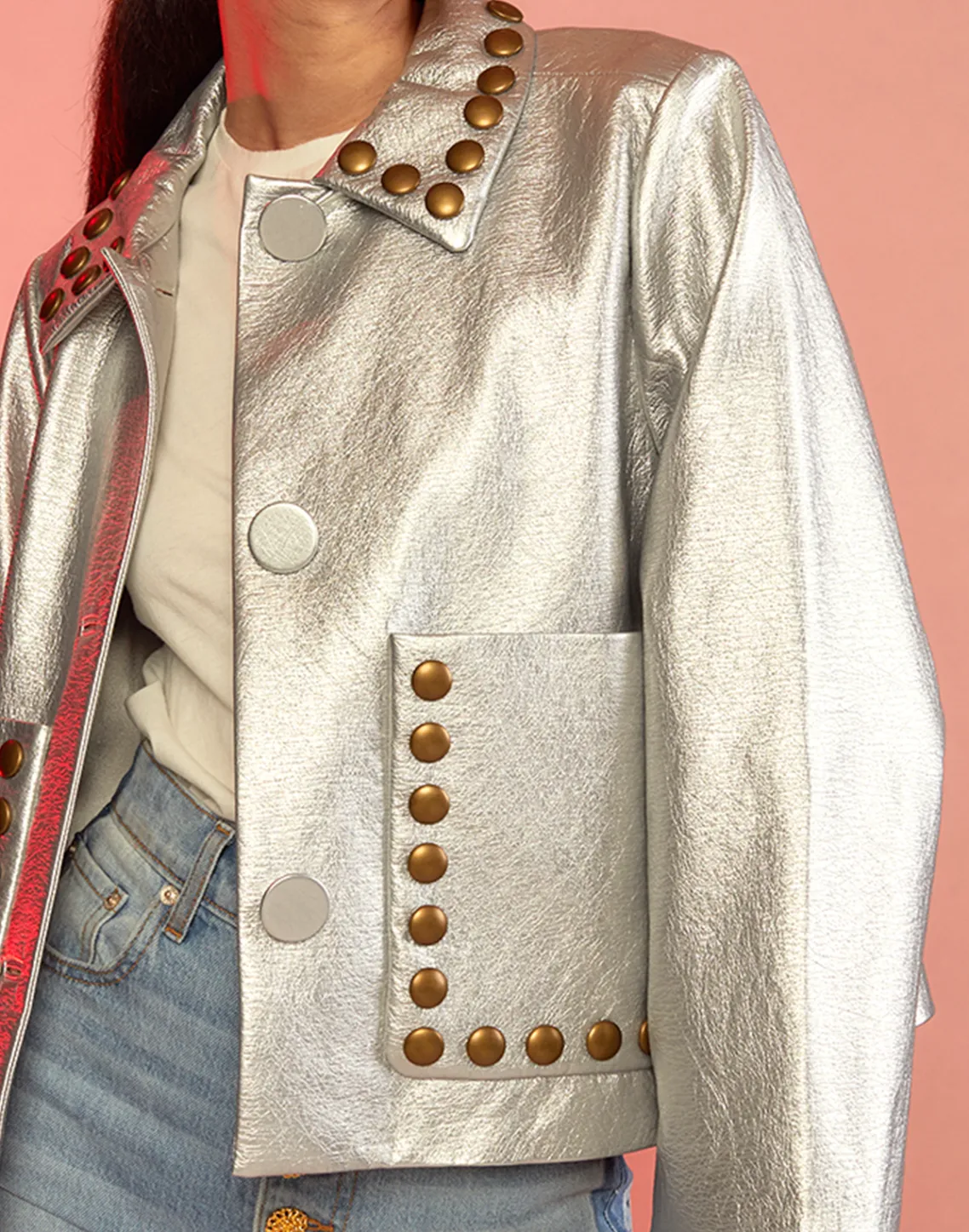 Cynthia Rowley Studded Vegan Leather Jacket Silver Hot