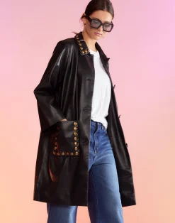 Cynthia Rowley Vegan Studded Leather Coat BLACK Best